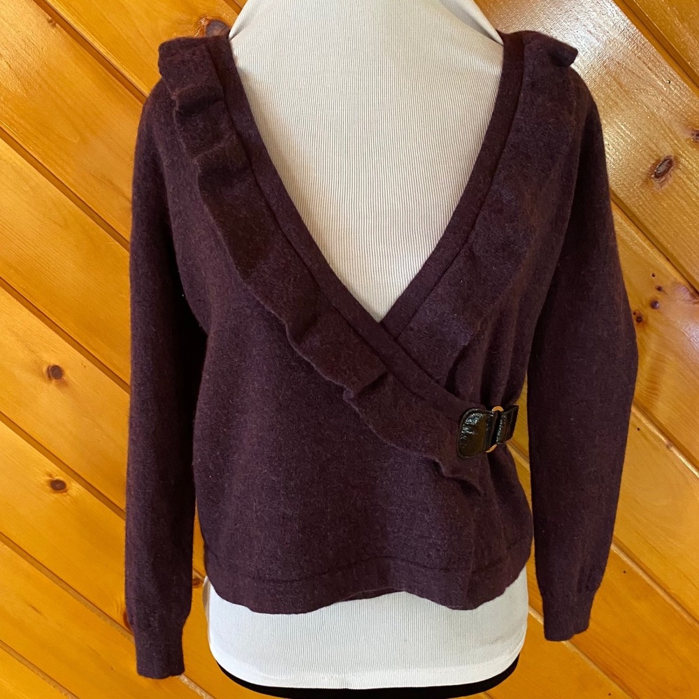 Fenn Wright Manson Purple Italian Merino Wool Ruffle Wrap Buckle Sweater Small